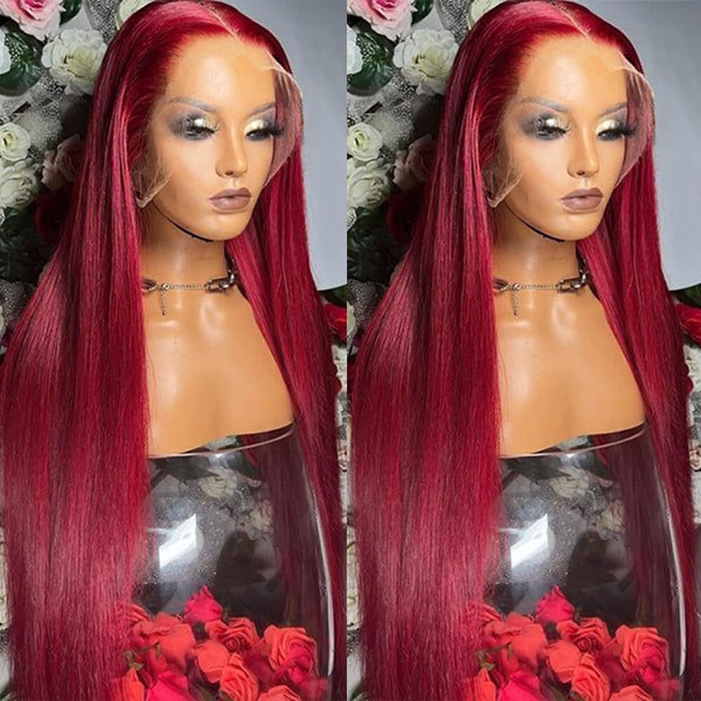 Women Lace Front Wig Red Long Straight Synthetic Hair Wigs Heat Resistant Party