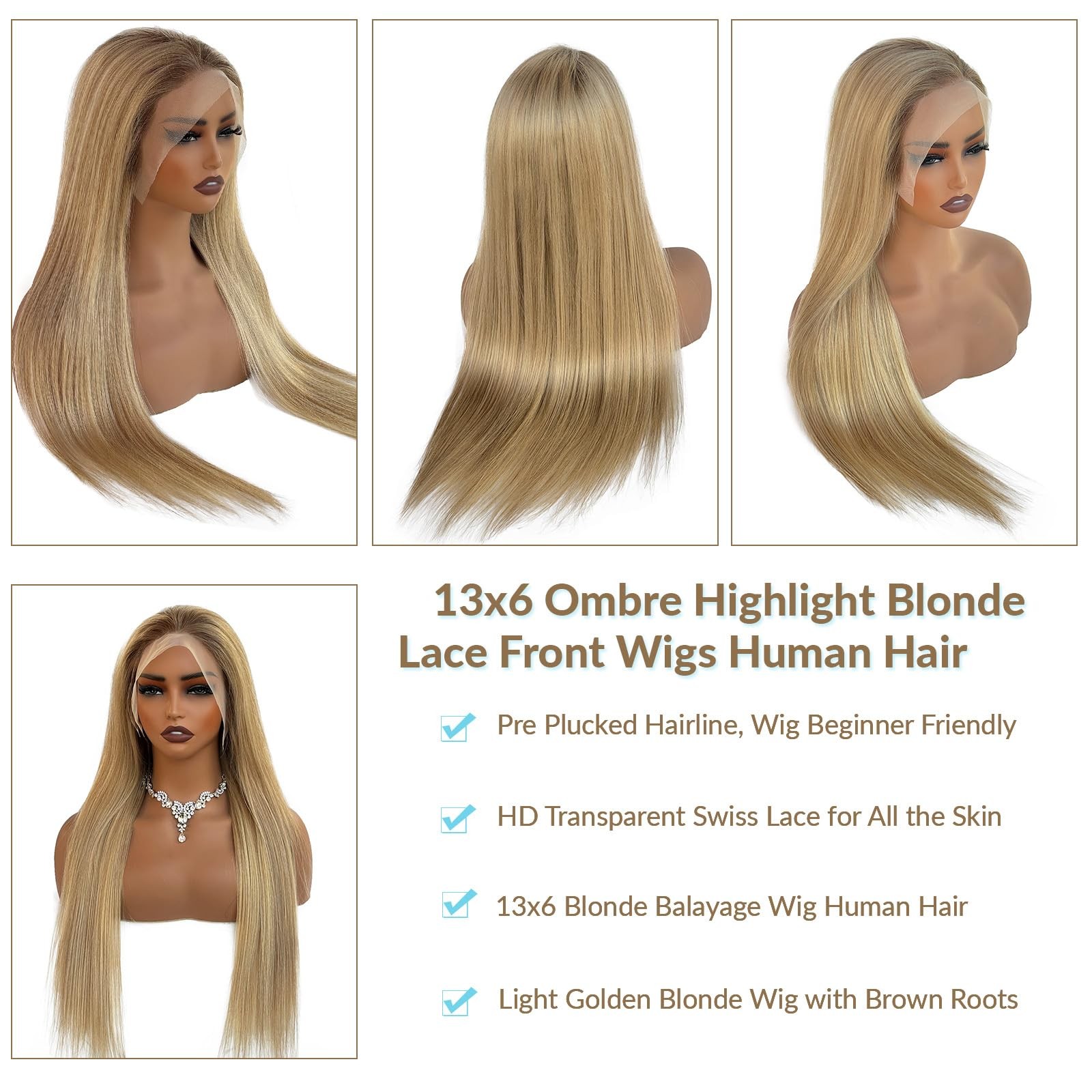 Licoville Human Hair Blonde Highlight Wig 180 Density Soft Straight Light