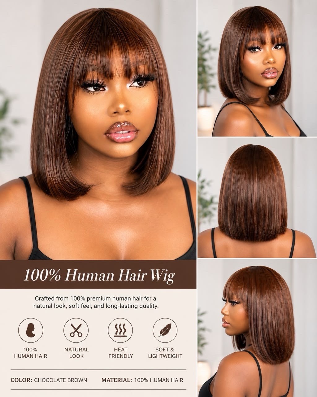 10″ Chocolate Brown Women’s 100% HUMAN HAIR – GLUELESS BOB WIG WITH BANGS