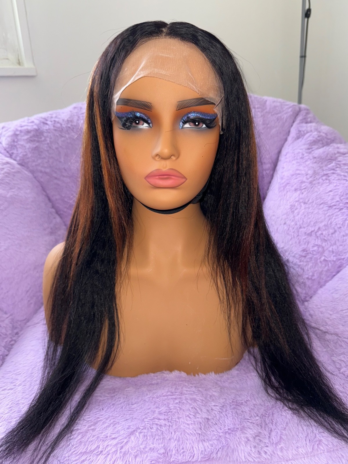 Custom Color Black Highlight Human Hair Yaki Straight Wig (24 inches)