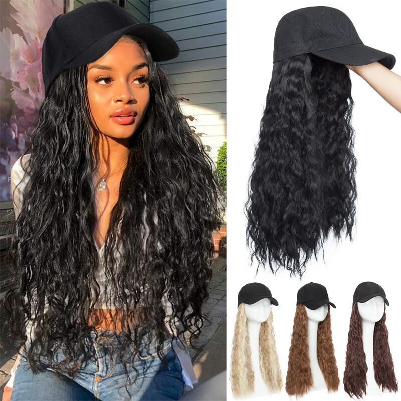 Baseball Cap Synthetic Long Straight Natural Curly/Wavy Hat With Hair Extensions