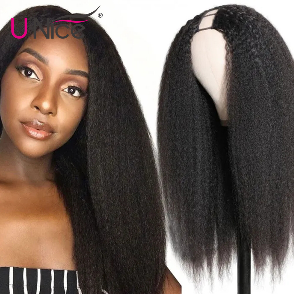 UNice Mongolian Kinky Yaki Straight U Part Human Hair Wig Glueless Wear Go Wigs