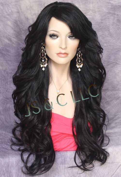 Long Off Black Human hair Blend Full Wig Goregeous wavy Heat OK WBVA 1B