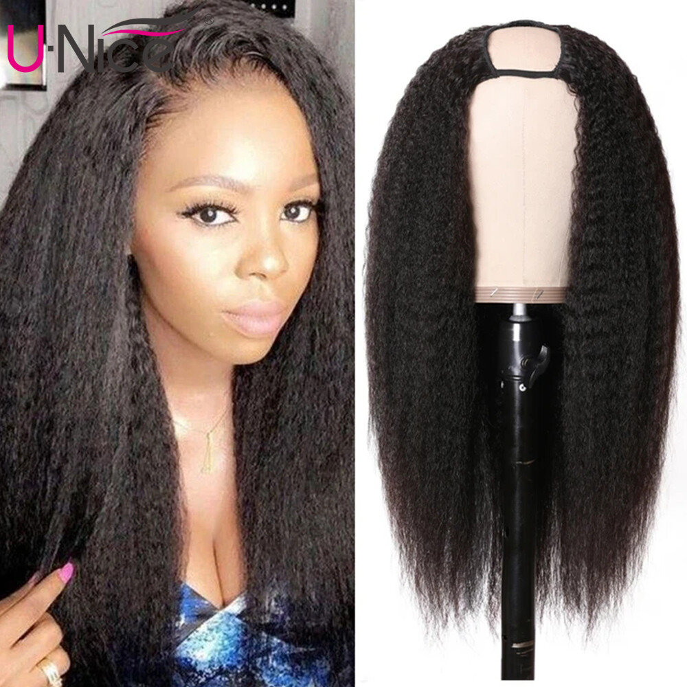 UNice Cambodian Kinky Yaki Straight U Part Human Hair Wigs 180% Density Glueless
