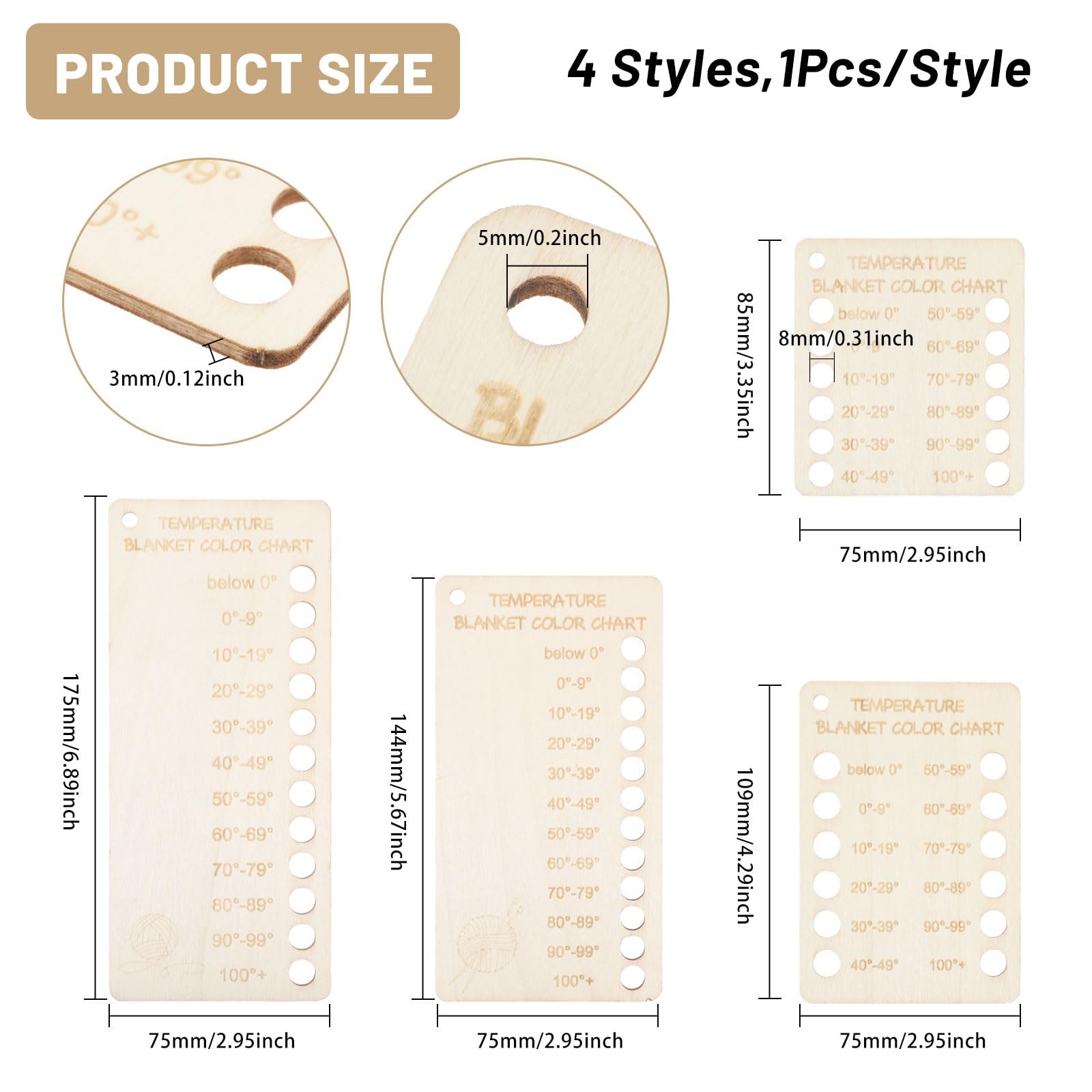 CHGCRAFT 4Pcs Temperature Blanket Planner Wood Knitting white