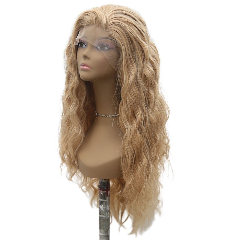 Women Long Wavy Lace Frontal Wigs Heat Resistant Hair Mixed Blonde Pre Plucked