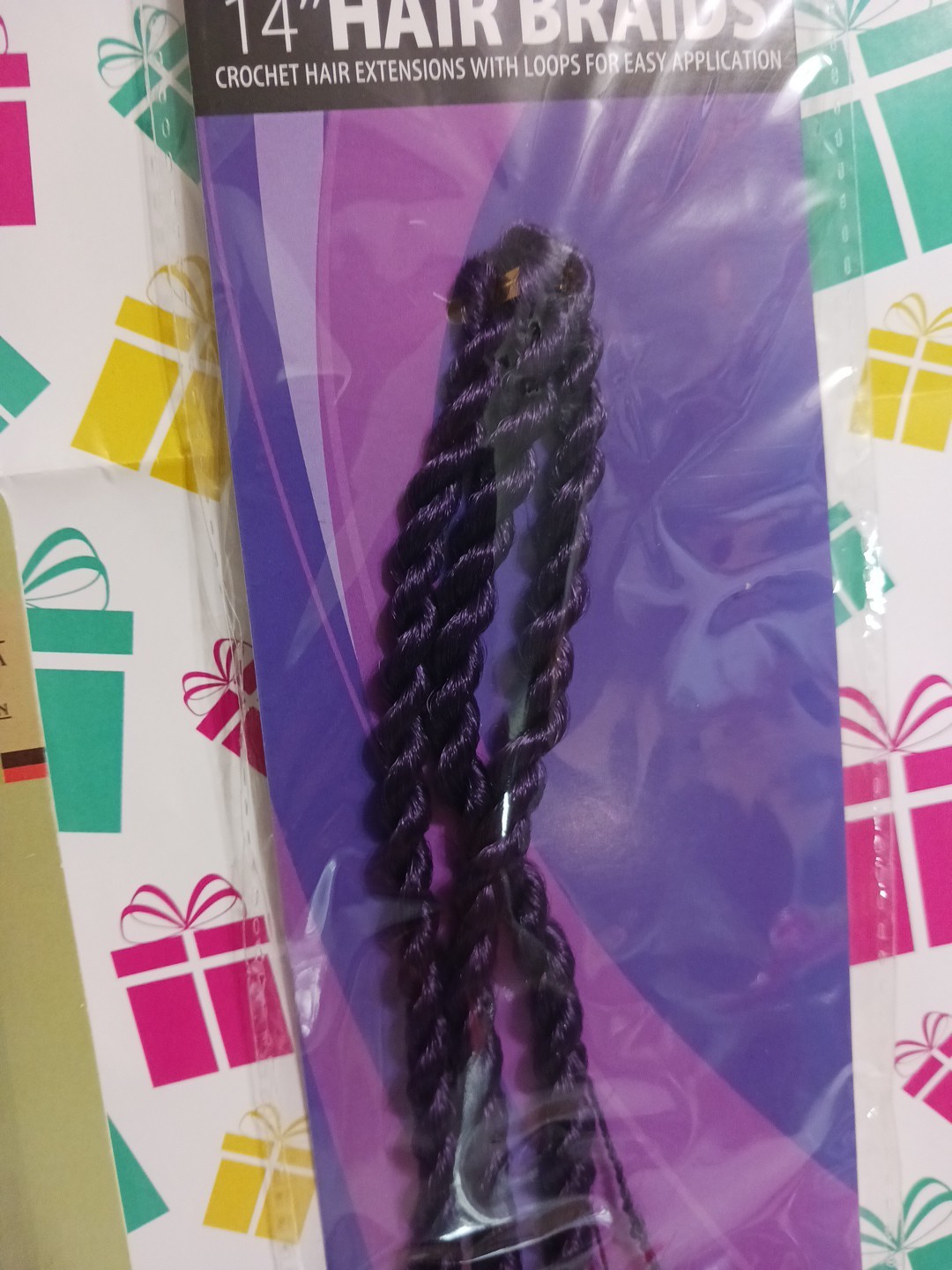 Hair Braids 14″ black + purple. crochet needle, comb, seperater comb, wrap.