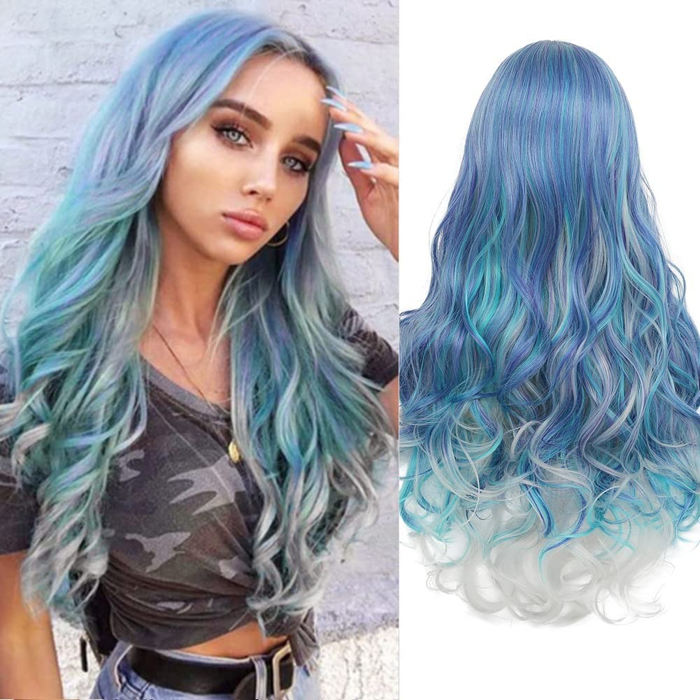 Mermaid Wig Ombre Blue Mixed Lilac Grey Wigs for Women Long Curly Wavy Middle…