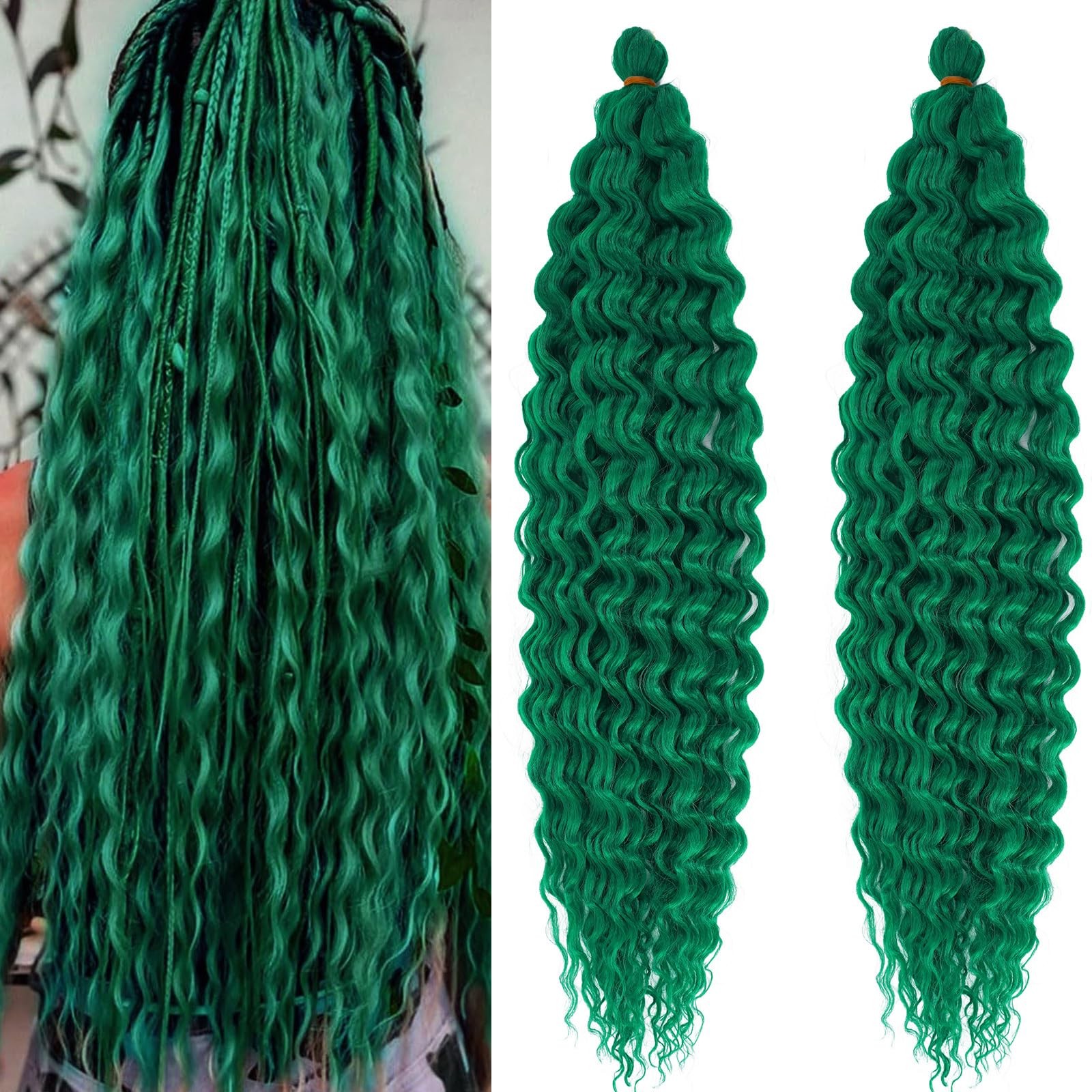 Deep Wate Wave Wet and Wavy Curly 24 Inch Boho Hair, Green Curls 2 Packs