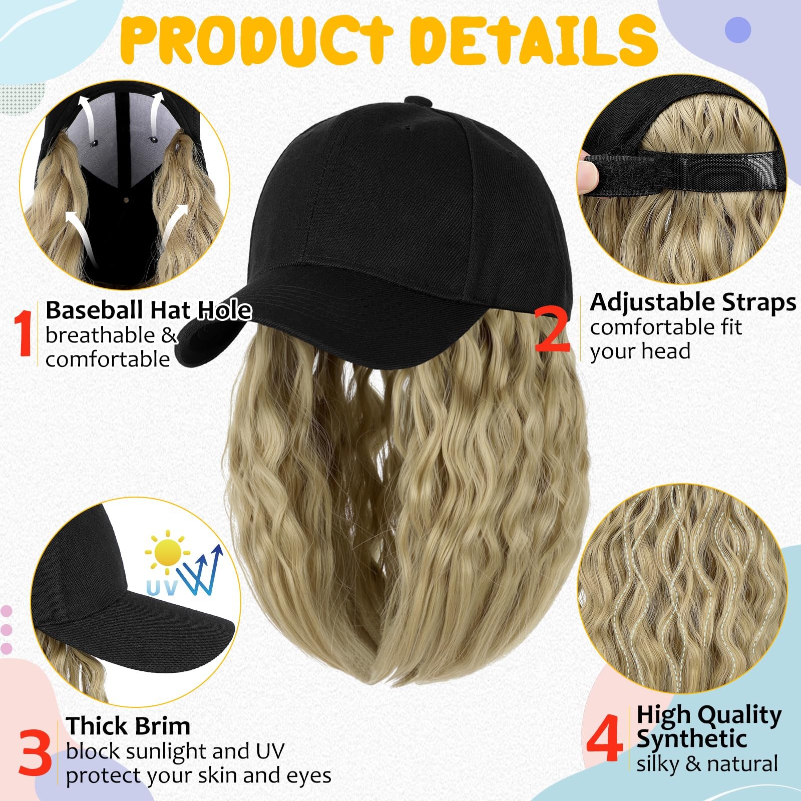 Baseball Hat Wig,Hat with Hair attached 16” Adjustable Black Cap with Wavy C…
