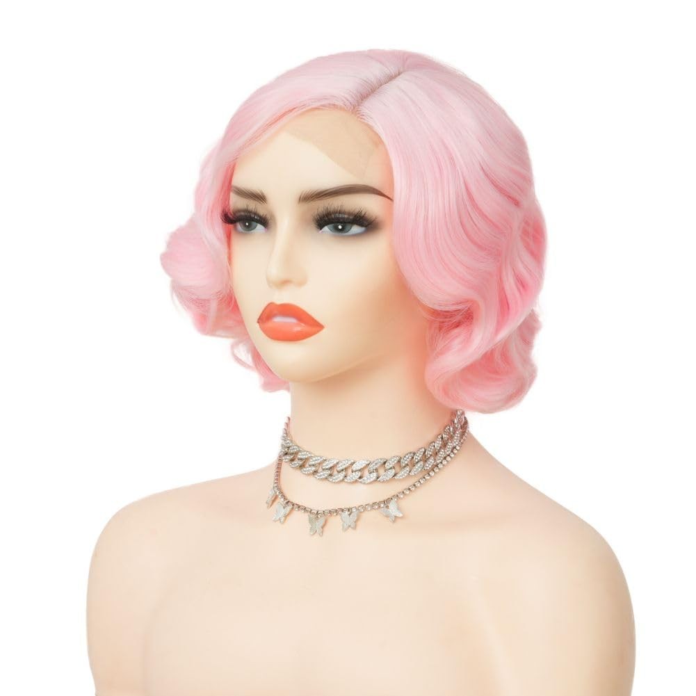 Salaibs Pink Finger Wave Wig 1920s Women’s Heat Resistant Synthetic