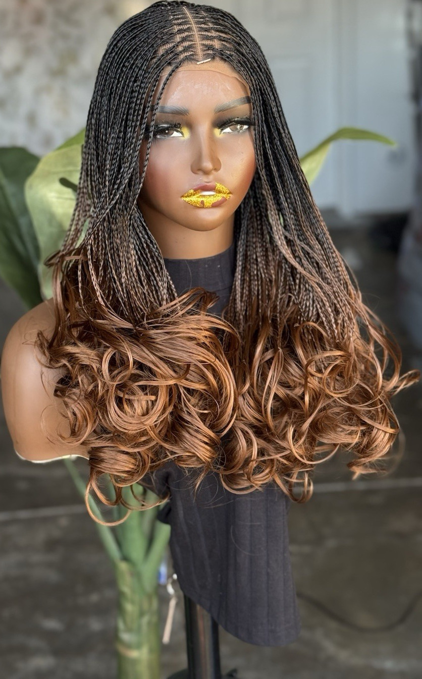 Braided Black Golden Brown Curly Wig closure Ombré for Women 18inches Synthetic