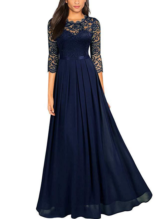 Women Formal Floral Lace Cap Sleeve Evening Party Maxi Dress Round neck Bulk Out