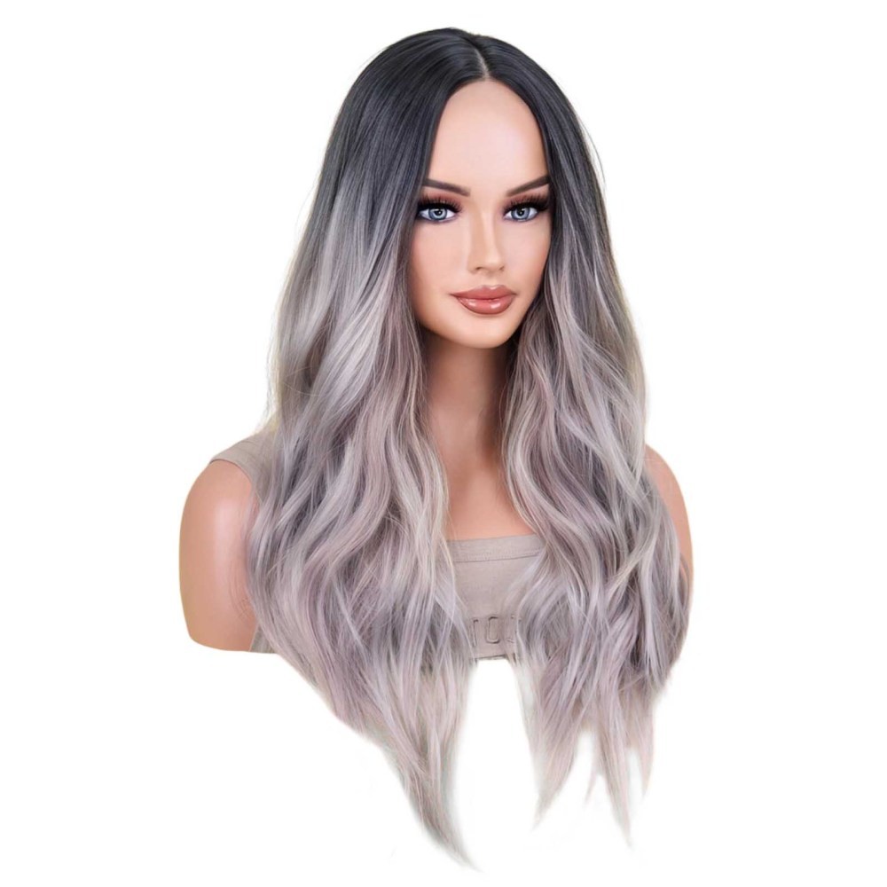 Women Wavy Hair Wigs Full Head Wigs Black Grey Gradient Curly Hair Wave Wigs