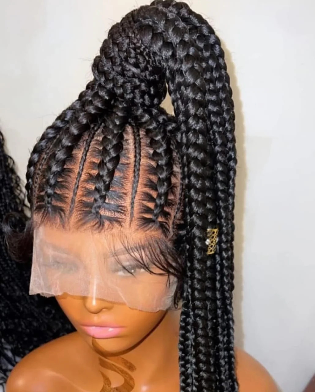 Black 30 inches 360 full lace synthetic braided wig with High Ponytail