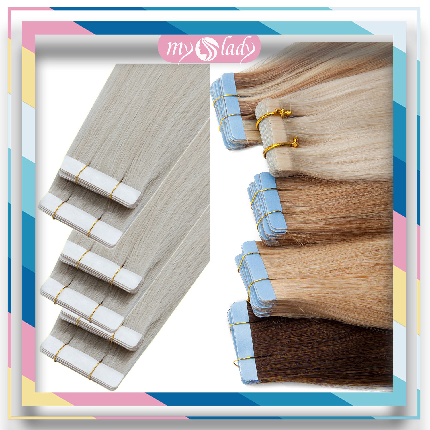 Seamless Tape in Hair Extensions 100% Remy Real Human Hair Skin Weft Cyan White