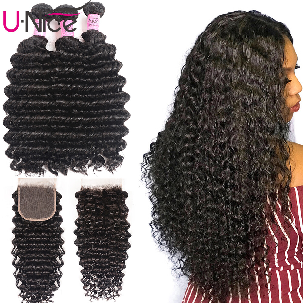 UNice Cambodian Deep Curly Wave 3 Bundles Human Hair Extension with Lace Closure