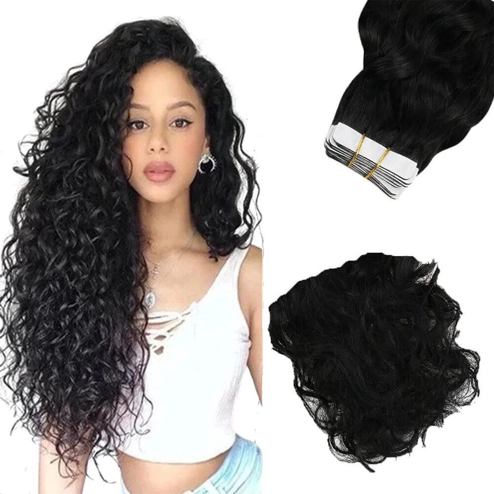 Tape In Human Hair Natural Color 20pcs KinKy Straight Body Wave Deep wave ST