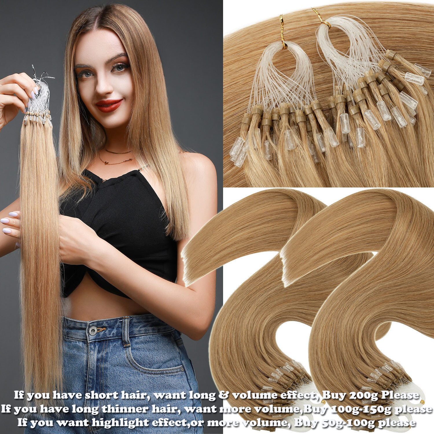 Micro Ring Loop Beads Tip 100%Remy Human Hair Extensions Thick 50G-400G Balagage