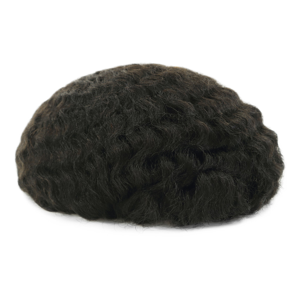 Afro Curl Poly Skin Toupee Mens Human Hair System Curly Hair Pieces 12mm #1B
