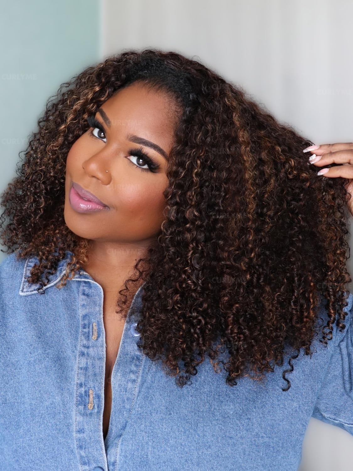 Kinky Curly Half Wig 20″ Honey Brown Ombre Human Hair Glueless Flexible Fit 3-in