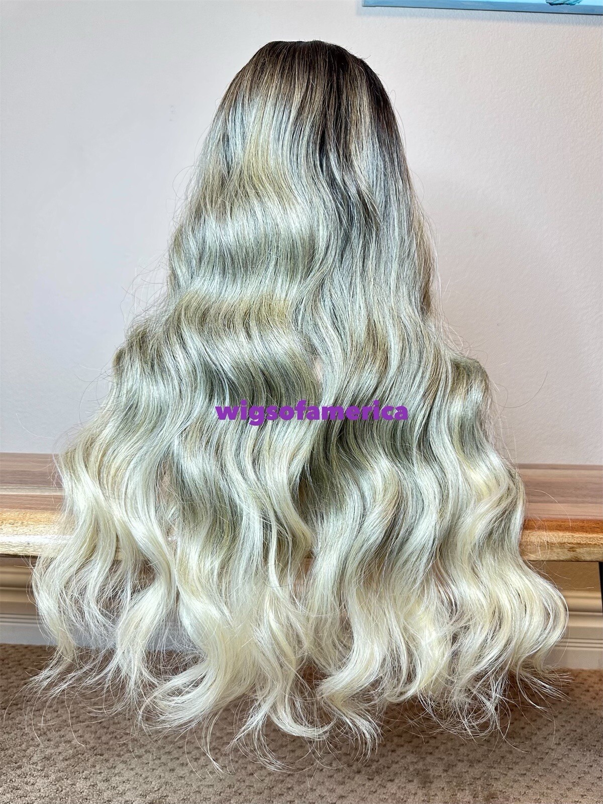 Ash white light greenish Wig black middle part lace front 22 inch long heat ok