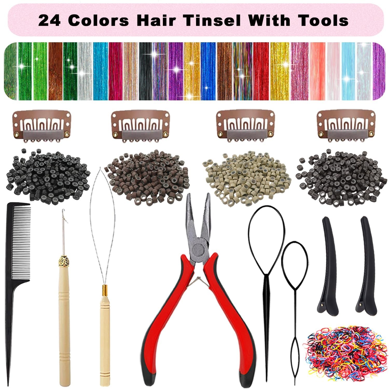 24-Color Hair Tinsel Kit with 7800 Strands and Tools for Festive Hair Extensions
