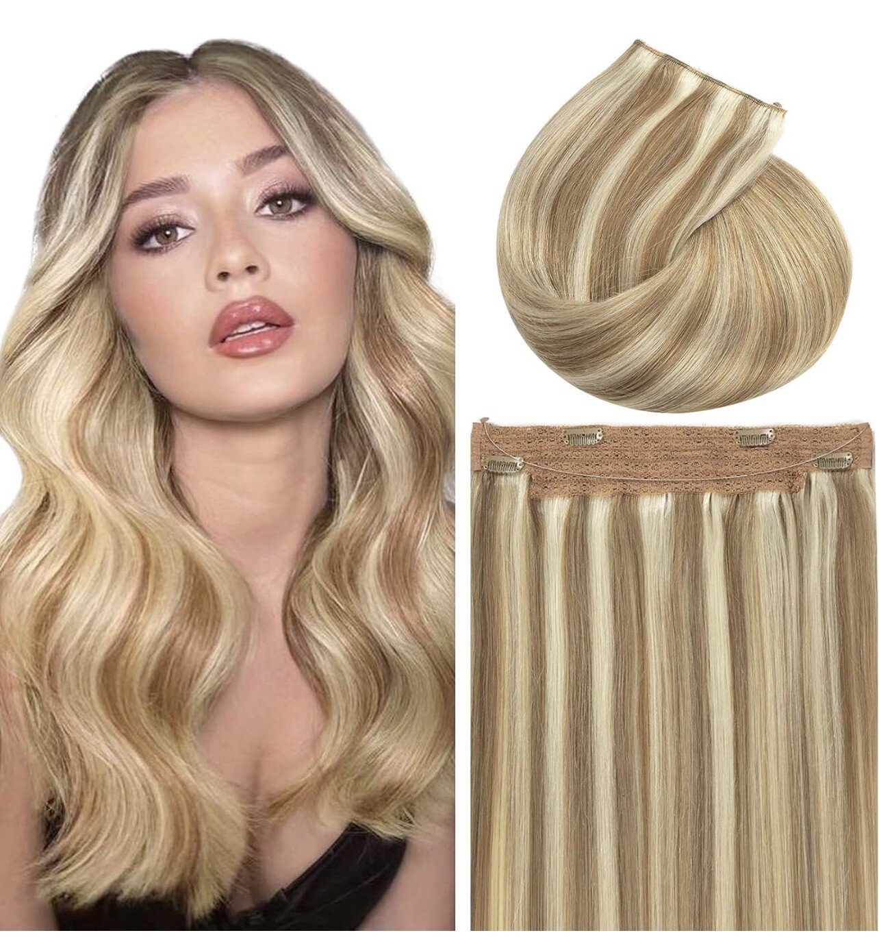 Fish Line Remy Human Hair Ext 18in 95g Medium Brown Mixed W/ Platinum blonde