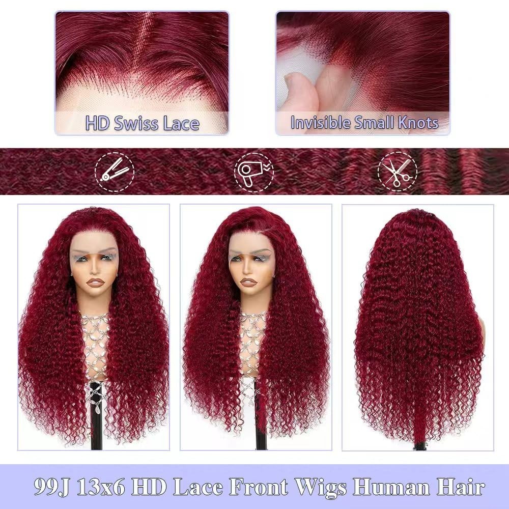 30″ 99J Burgundy Deep Wave Lace Front Wig – 200 Density, Pre-Plucked, Curly Hair