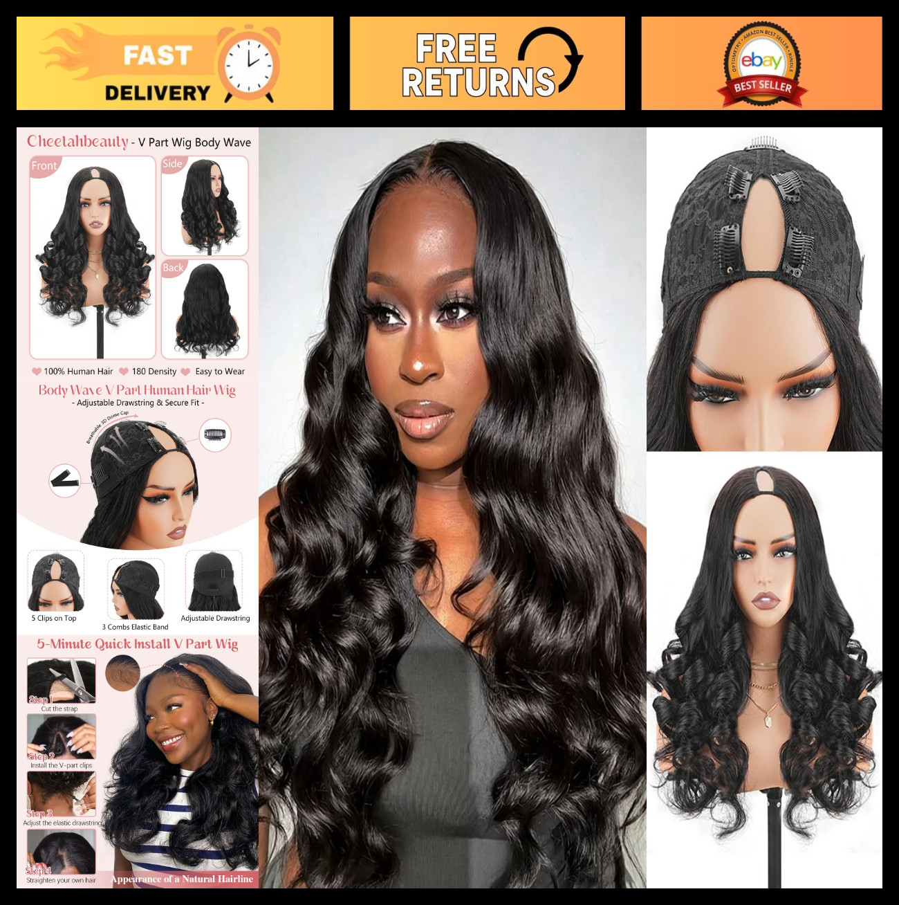 18 Inch Body Wave V Part Wig – 180% Density Glueless Half Wig, Natural Black, Ea