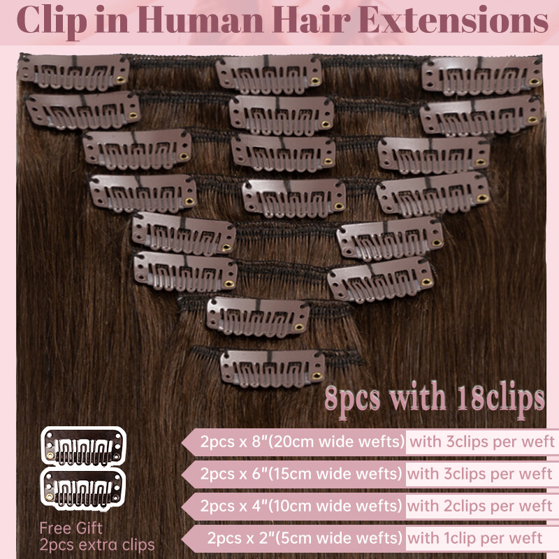 CLEARANCE Clip In Extensions 100% Remy Real Human Hair Full Head 8Pieces 18Clips
