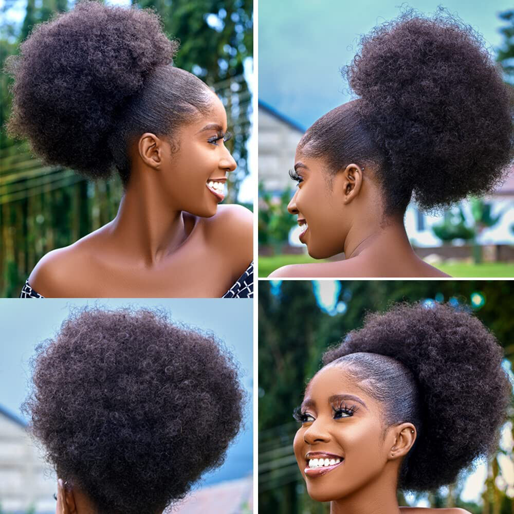 100% Human Hair Afro Curly Puff Drawstring Ponytail Extension Clip In On Bun