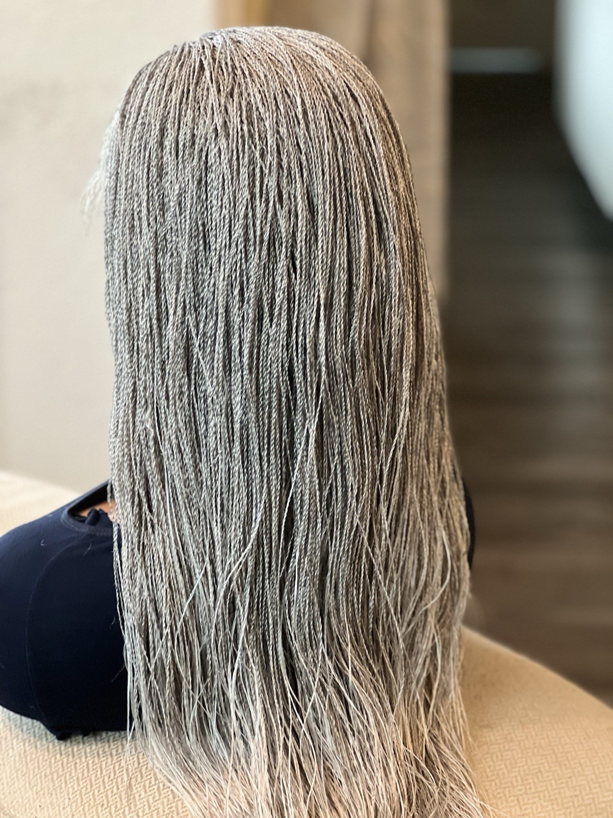 BRAIDED MICRO TWIST WIG . Made on a full lace wig.length is 28”long.gray wig