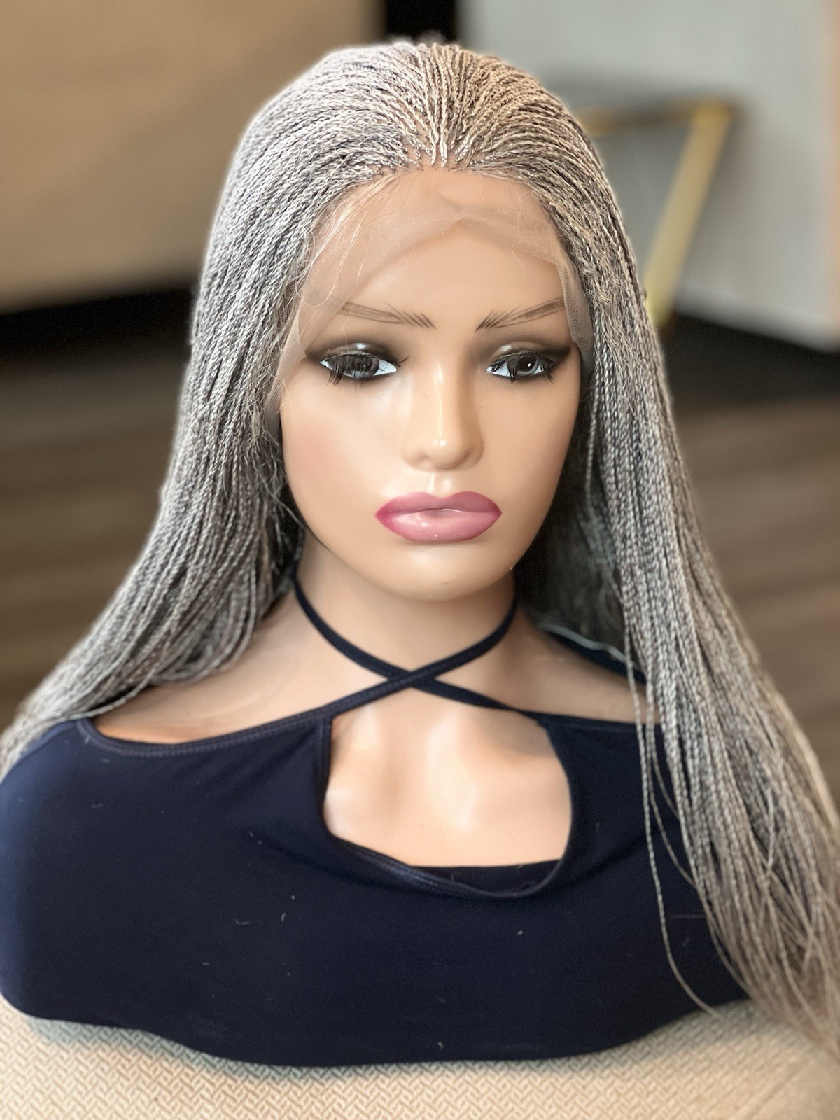 BRAIDED MICRO TWIST WIG . Made on a full lace wig.length is 28”long.gray wig