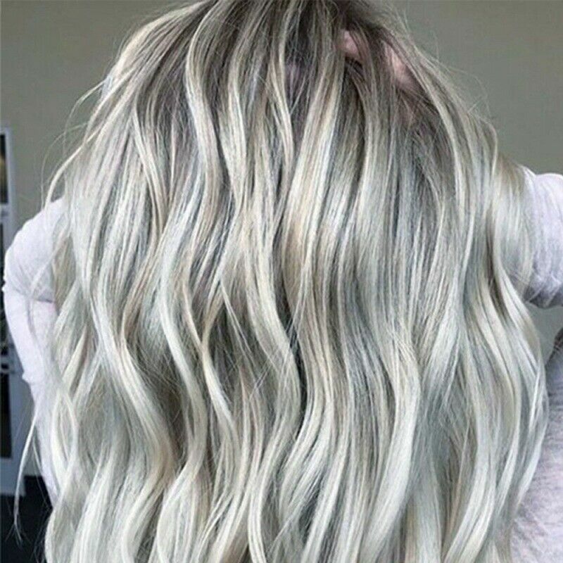 Ash Gray Silver White Ombre Lace Long Wavy Curly Blonde Wig Women Synthetic Hair