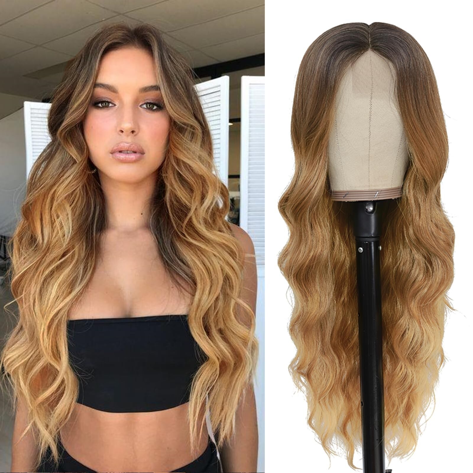 NAYOO Long Honey Blonde Wavy Wig for Women 26 Inch Middle Part Curly Wavy Wig…