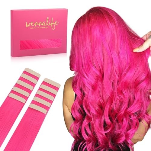Hot Pink Tape In Hair Extensions 18″ Remy Human Hair 10pcs 25g Invisible Soft Re