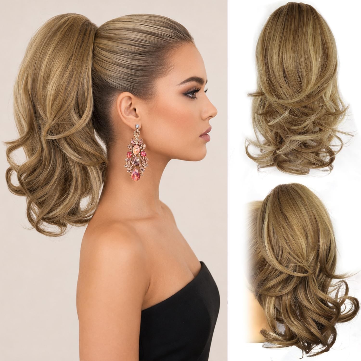 14 Inch Ponytail Extension – Wavy 14 Inch, Light Brown With Beige Highlights