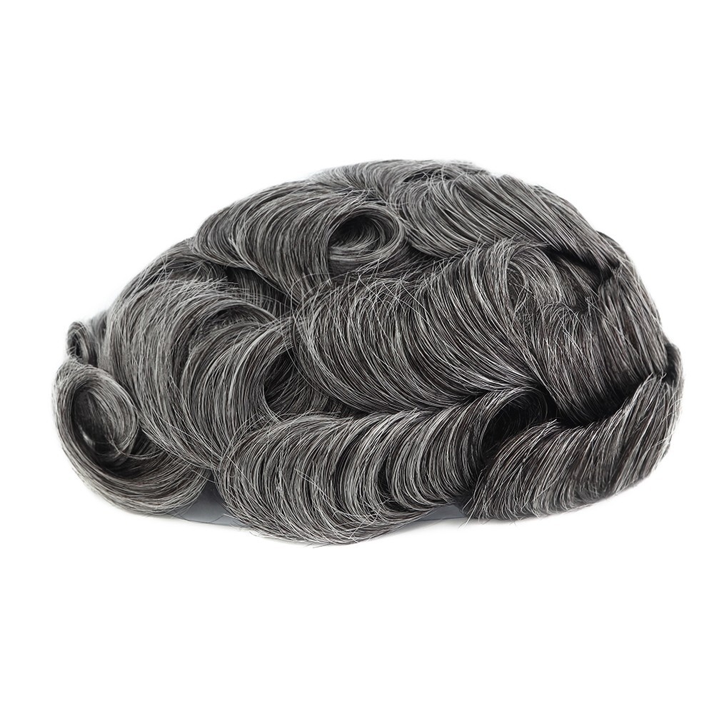 Mens Toupee Human Hair System French Lace Front Black Grey Hairpiece Q6 #1B50