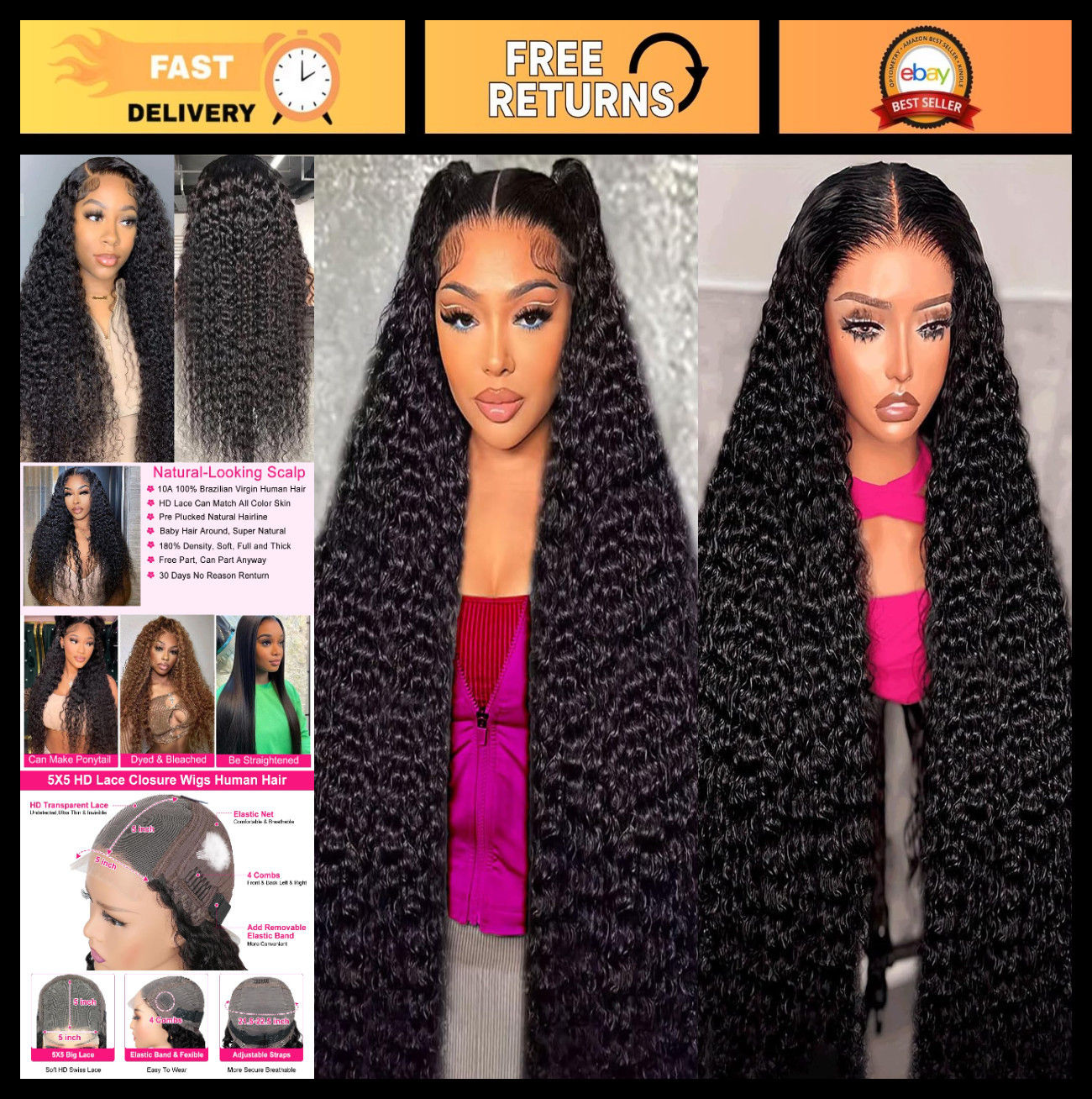30″ 5×5 HD Lace Closure Wig, Human Hair Deep Wave, Wet & Wavy, 180% Density