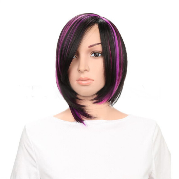 Women’s Black Purple Mix Short Straight Bob Wigs Side Bangs Synthetic Party Wig