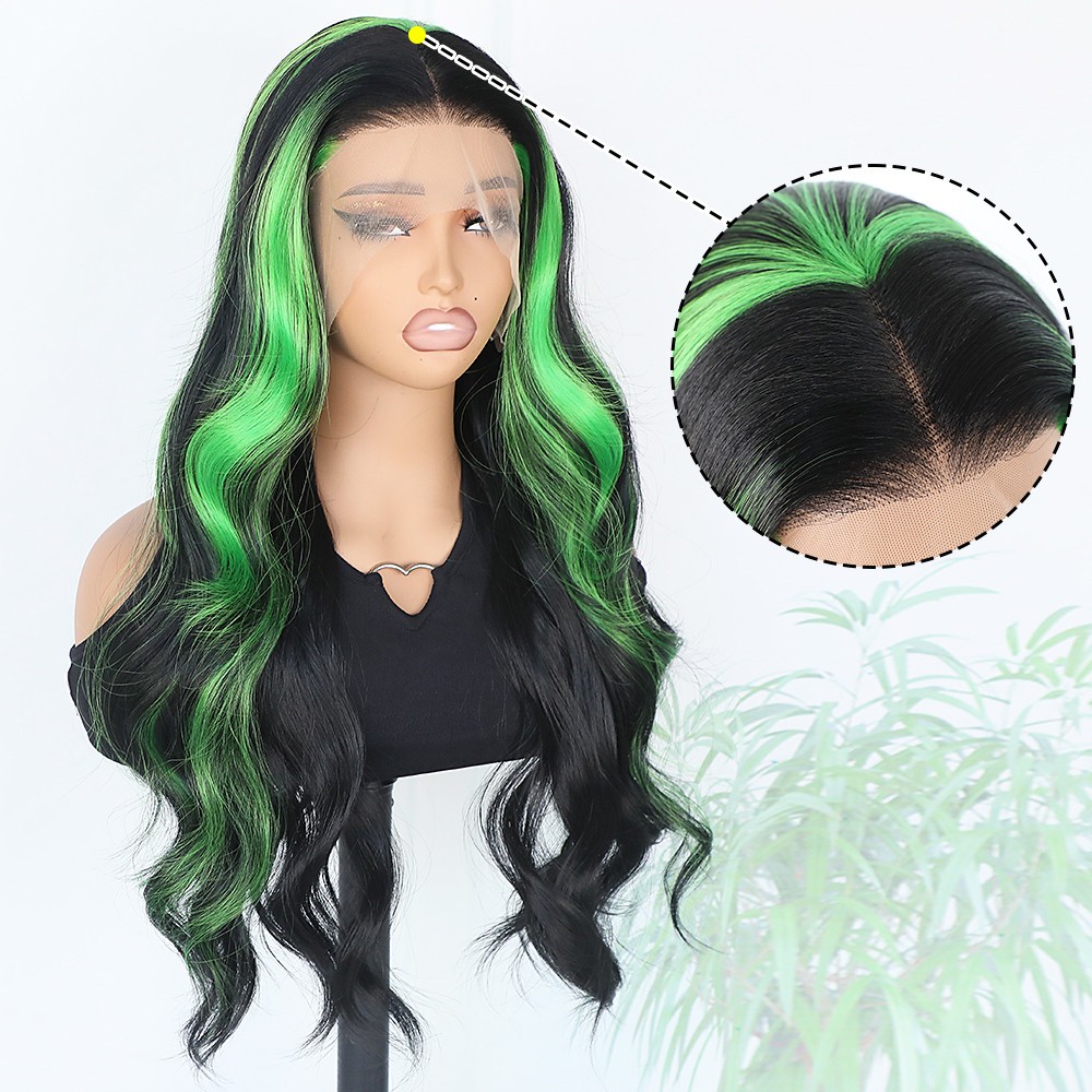Green Highlights Ombre Long Wavy Lace Front Wigs Pre Plucked Natural Hairline
