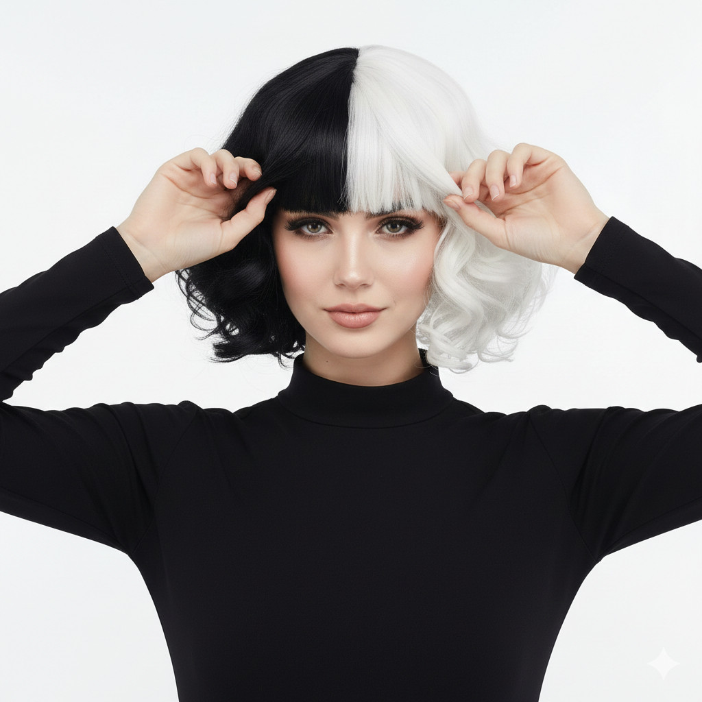H2T Short Half Black White Wig wavy bangs cosplay stage teen girl woman costume