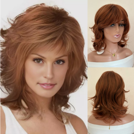 Women Medium Red Brown Mix Synthetic Hair Wigs Women Soft Natural Daily Wig