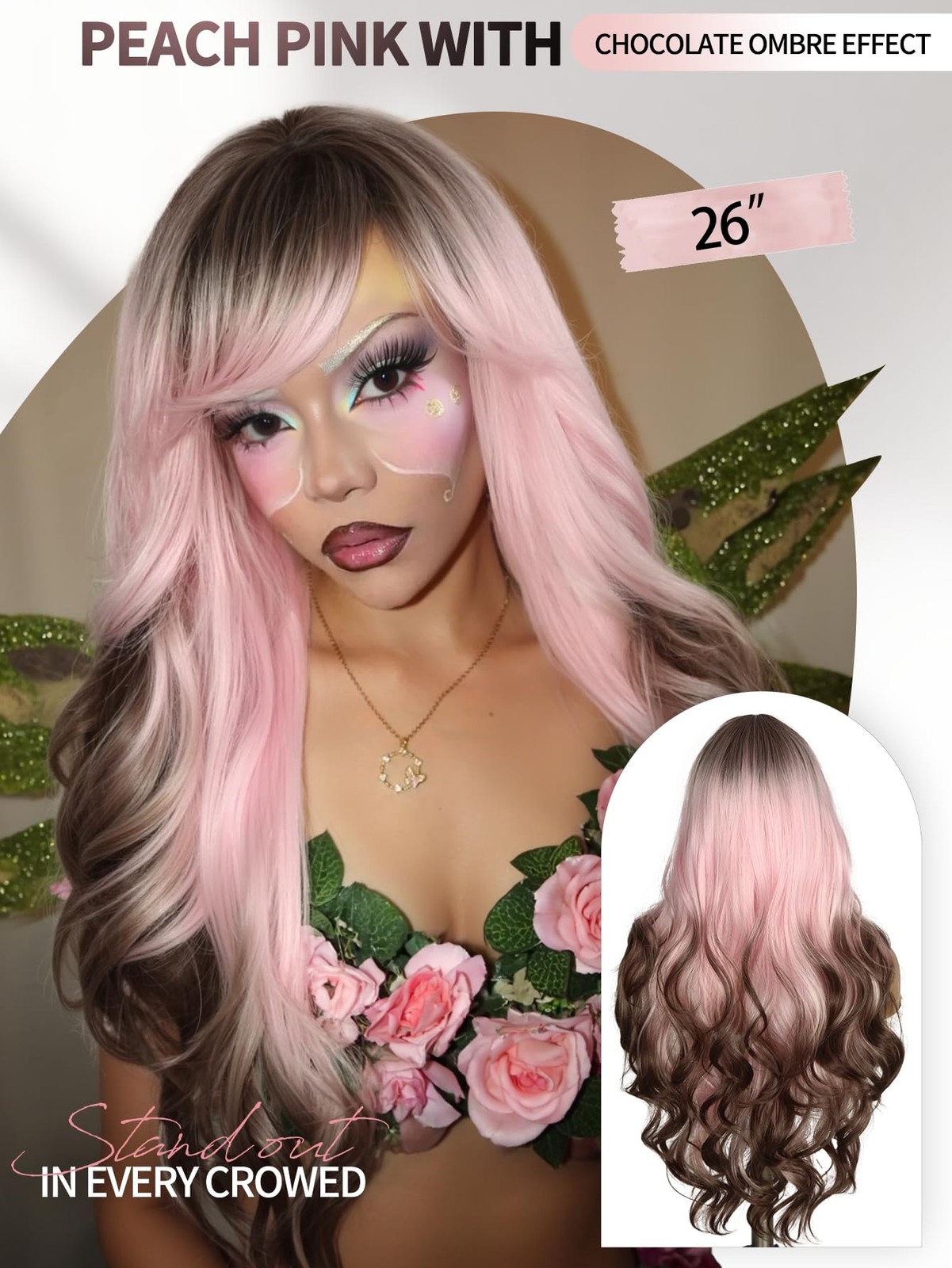 Long Wavy Wig With Bangs Pink Romantic Curly Hair With Brown Roots and Ends S…