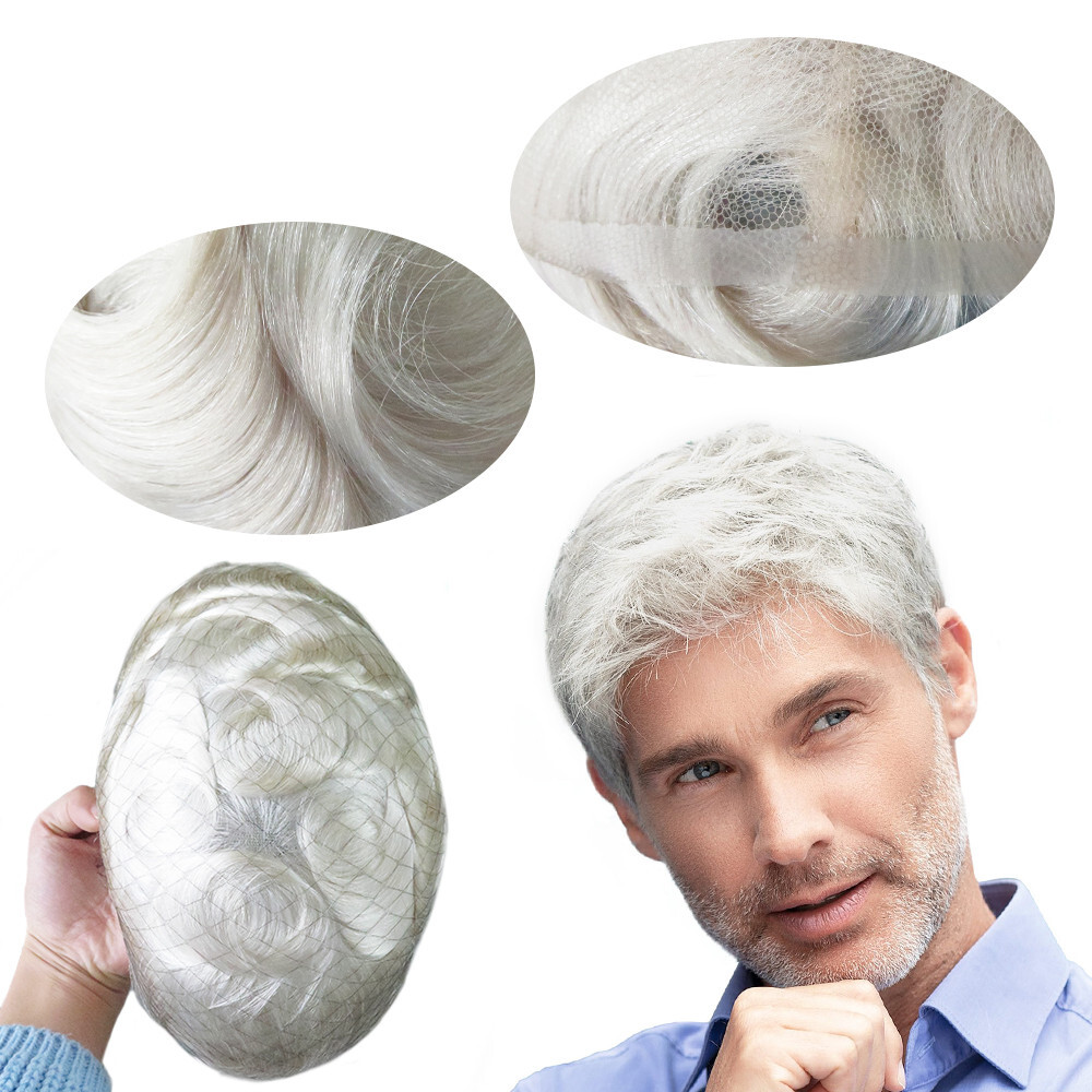 Mens Toupee Human Hair Systems Swiss Lace Natural All Grey Hair Pieces #60R