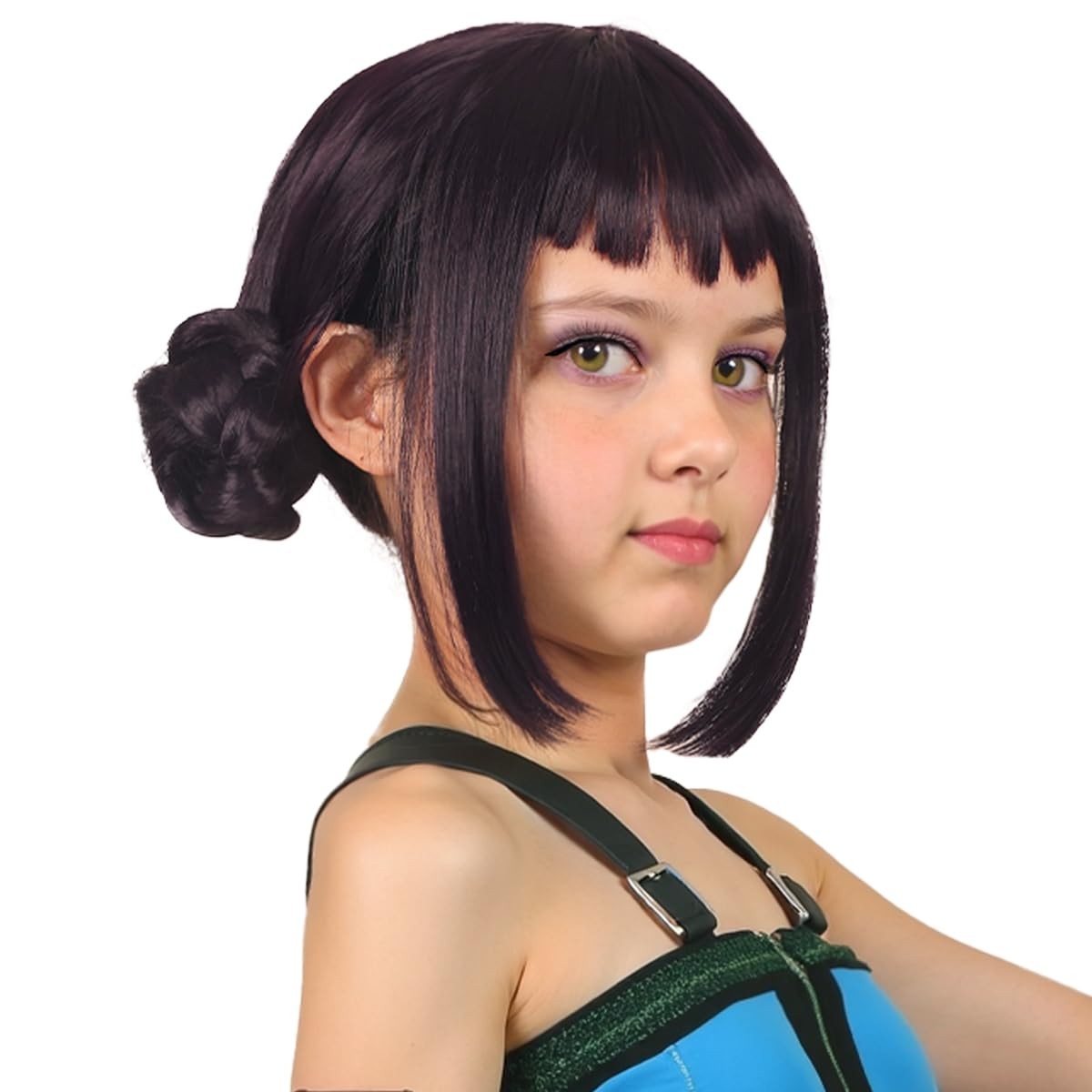 Short Black Purple Cosplay Wig with 2 Buns for Halloween Party Costume（Small …