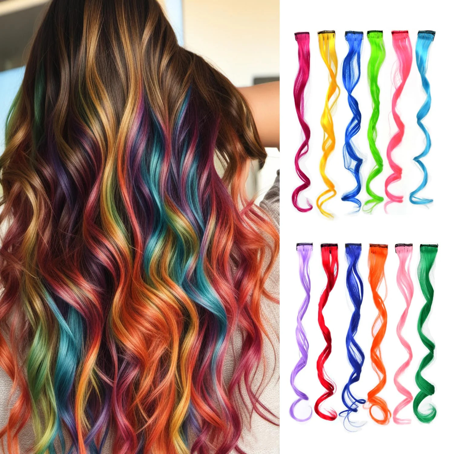 12 Pcs Colored Clip in Hair Extensions 22 Inch Curly Synthetic Colored Hairpiece