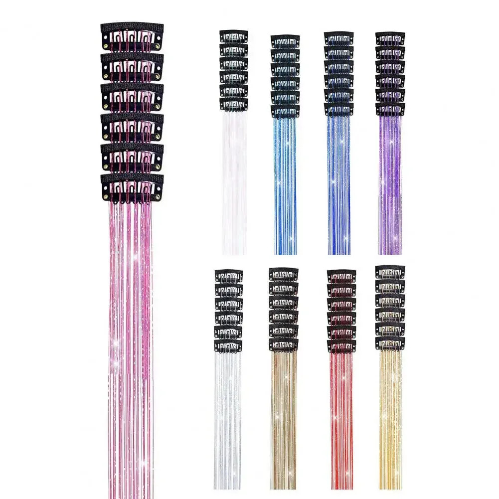 50cm Sparking Shiny Hair Tinsel Extensions Synthetic Clip In Hair Extensions