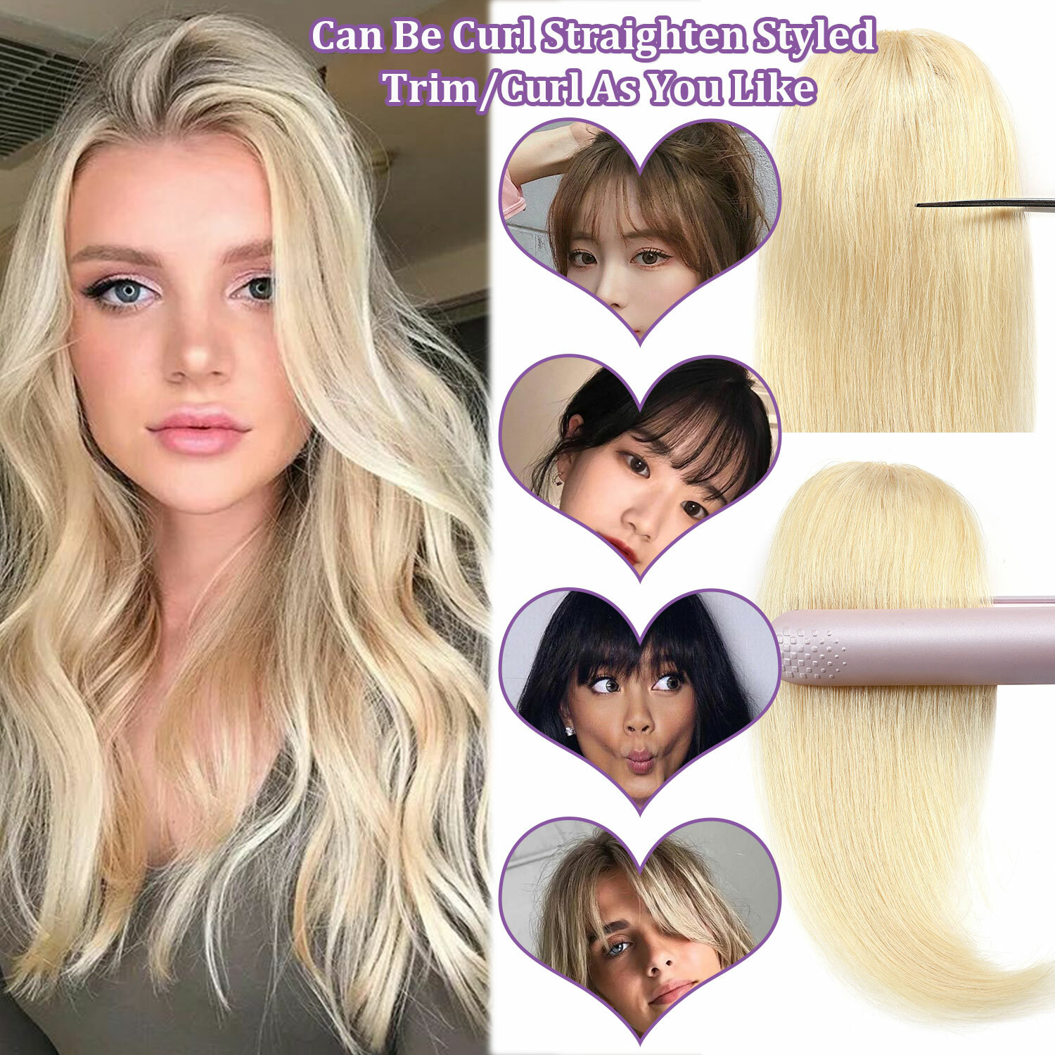 Remy Human Hair False THICK Bangs Neat Fringe Hairpiece Clip in Front Hairpiece